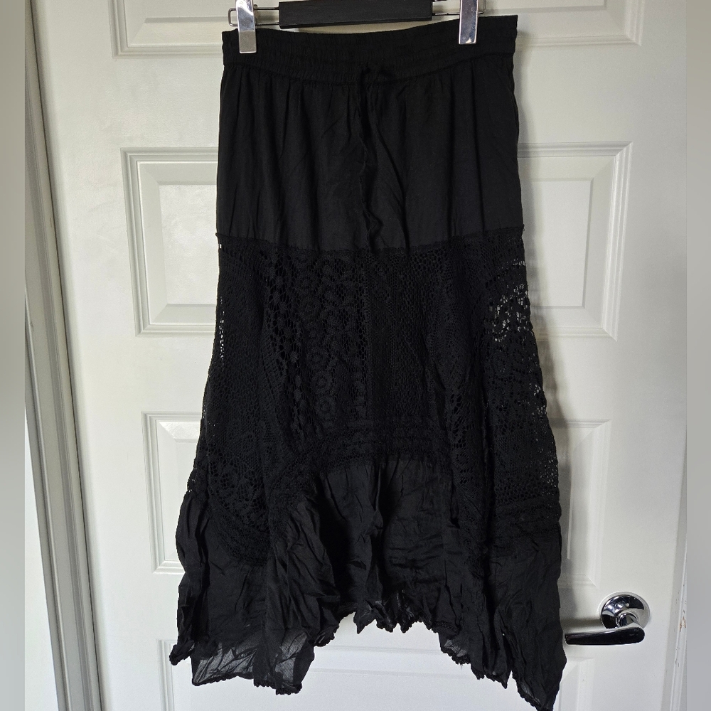 Black Boho Skirt with Crocheted Panel - Size Small